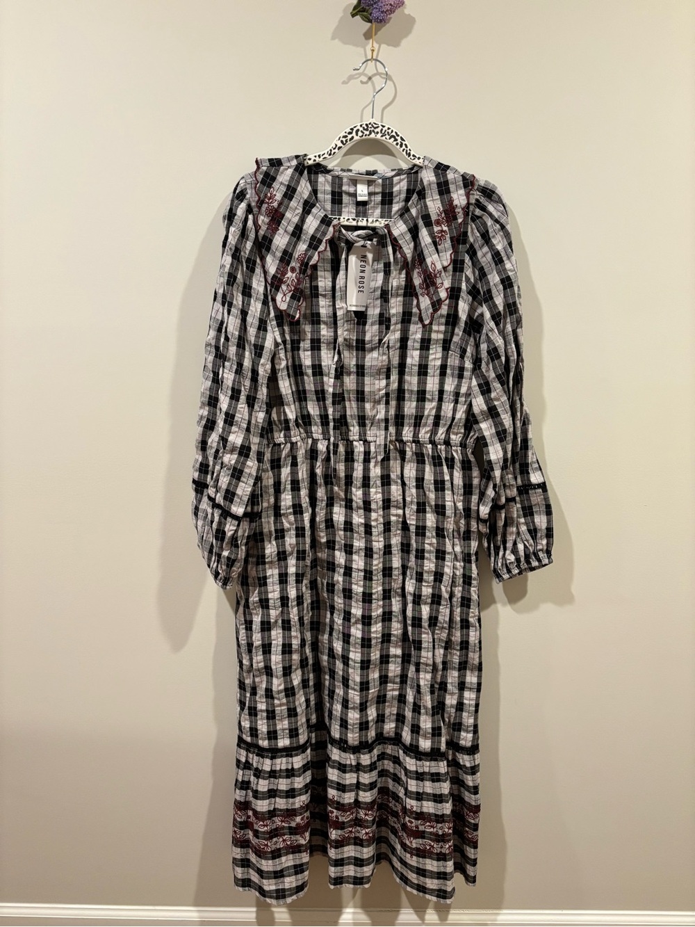 ASOS Black & White Checked Maxi Dress with Burgundy Embroidered Trim